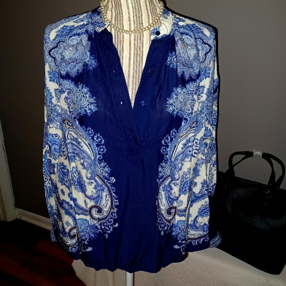 H&M boho puffy long sleeve blouse navy blue and white, button cuffed sleeve, Med
